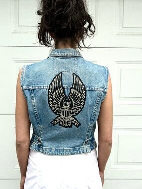 Vintage Parasuco Eagle Patch Denim Jean Vest Motor Metal Biker Large